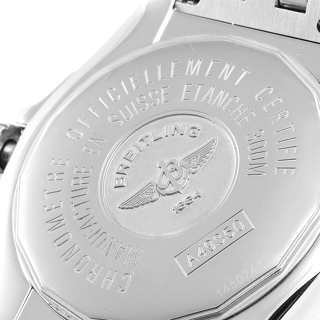 The image shows the back case of the Breitling Windrider A49350 Men's Stainless Steel Grey Dial A49350 Men's Stainless Steel Grey Dial watch, highlighting its engravings and serial number.