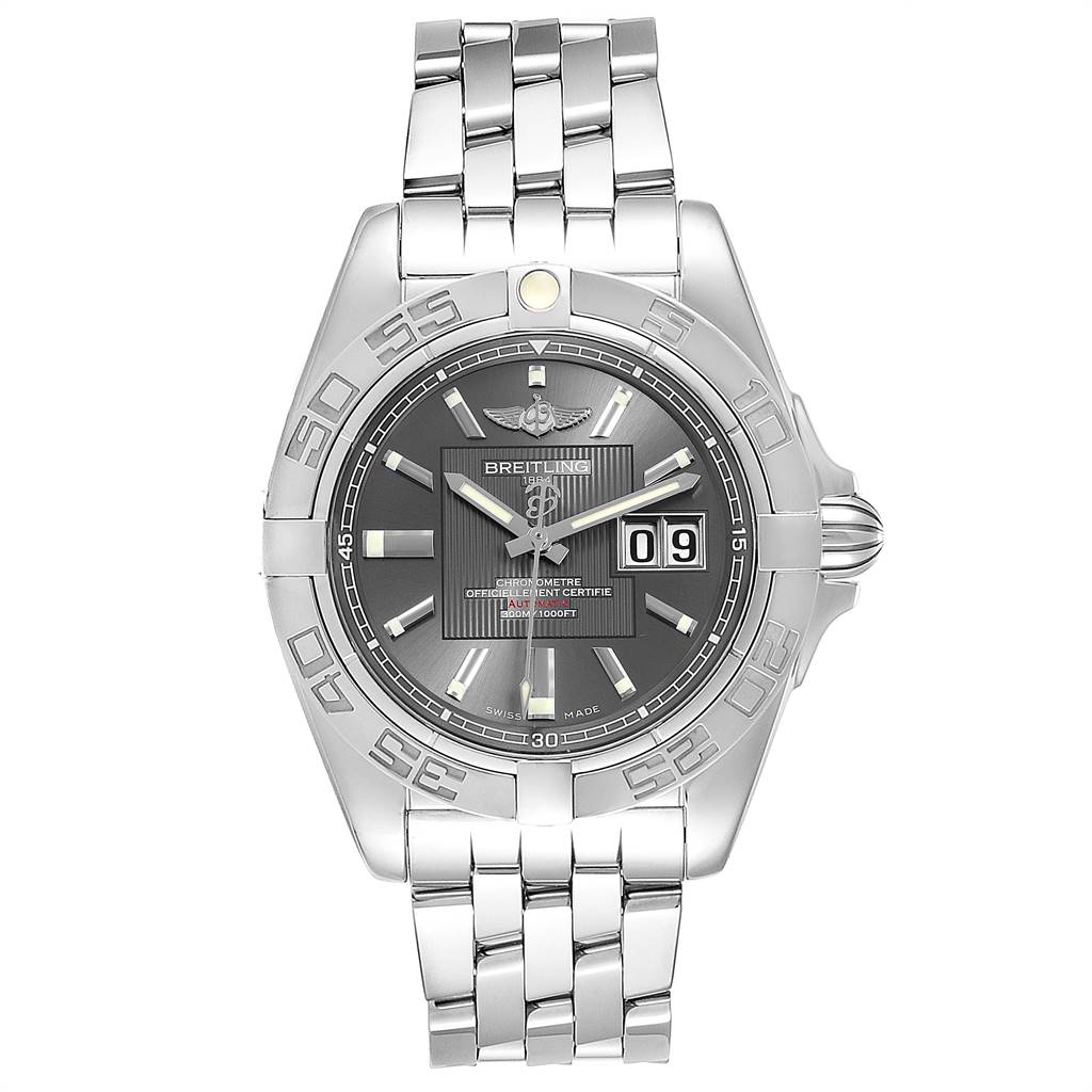 The image shows a front view of a Breitling Windrider A49350 Men's Stainless Steel Grey Dial A49350 Men's Stainless Steel Grey Dial model watch, detailing the face, bezel, and bracelet.