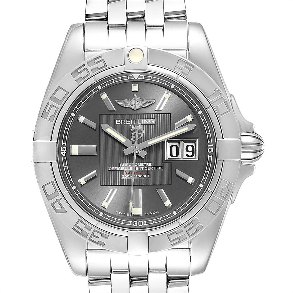 This image shows a frontal view of a Breitling Windrider A49350 Men's Stainless Steel Grey Dial A49350 Men's Stainless Steel Grey Dial watch, highlighting its dial, bezel, and bracelet.
