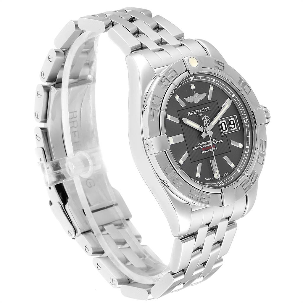 This image shows a Breitling Windrider A49350 Men's Stainless Steel Grey Dial A49350 Men's Stainless Steel Grey Dial watch from a side angle, featuring the face, bezel, bracelet, and clasp.