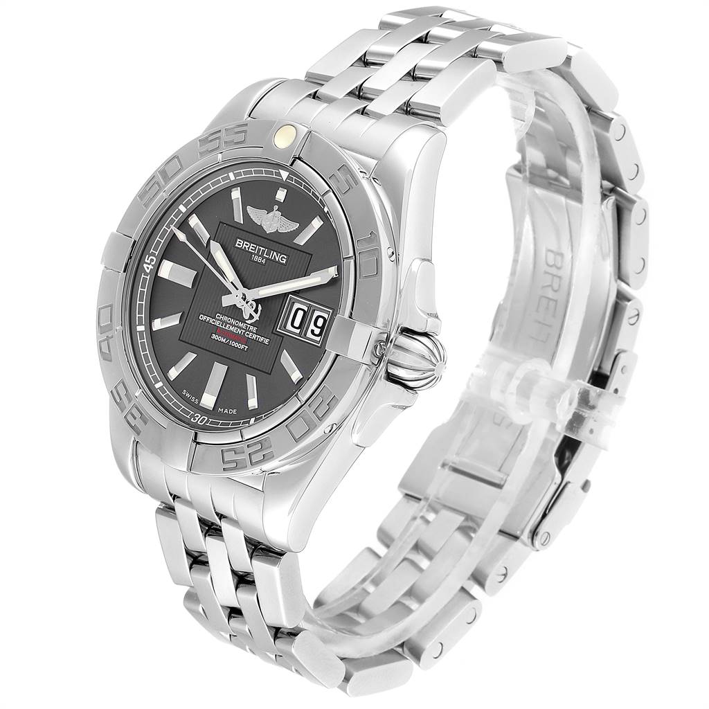 The image shows a Breitling Windrider A49350 Men's Stainless Steel Grey Dial A49350 Men's Stainless Steel Grey Dial watch at a slight angle, highlighting the face, bezel, and metal bracelet.