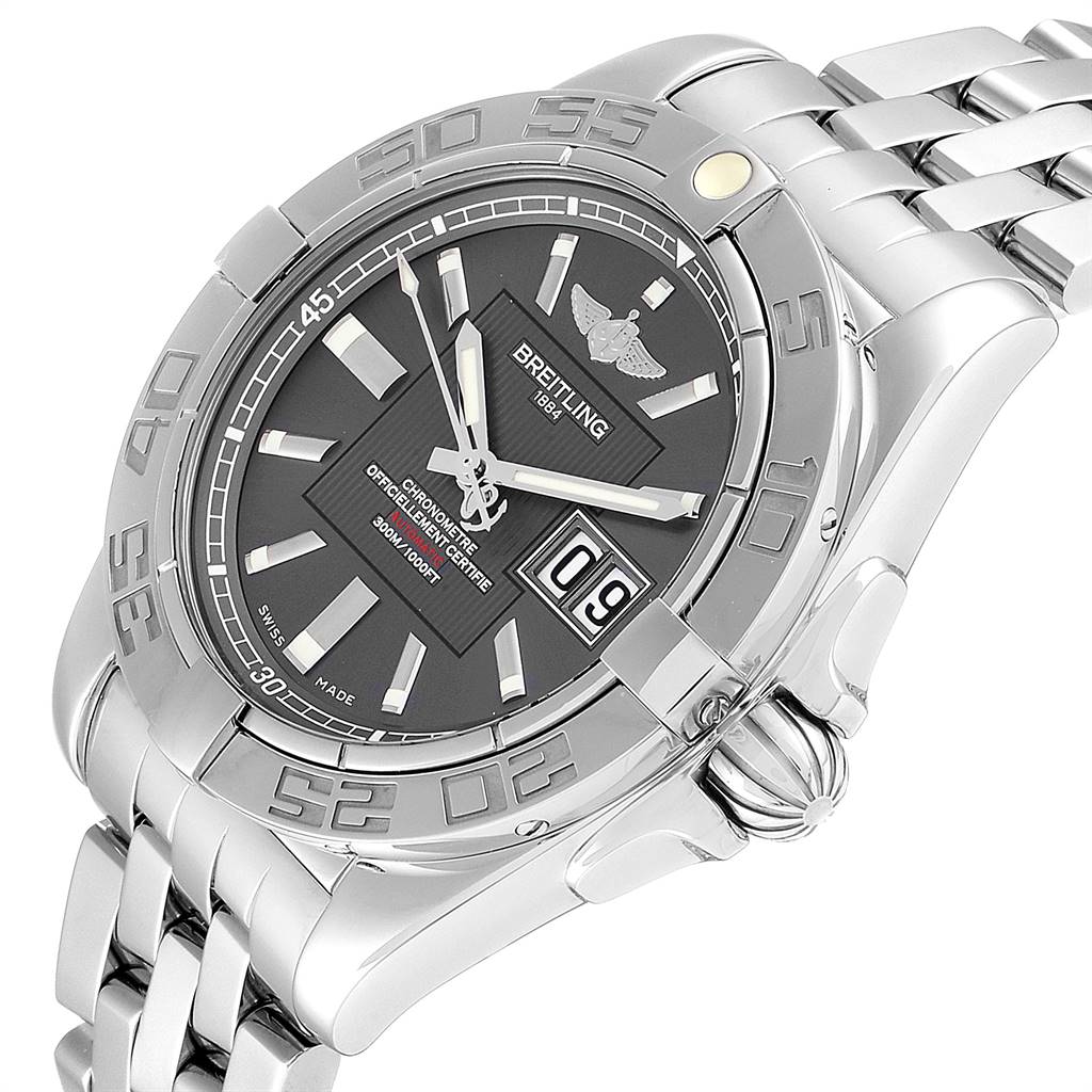 The image shows the Breitling Windrider A49350 Men's Stainless Steel Grey Dial A49350 Men's Stainless Steel Grey Dial watch at an angled close-up, featuring the face, bezel, bracelet, and crown.