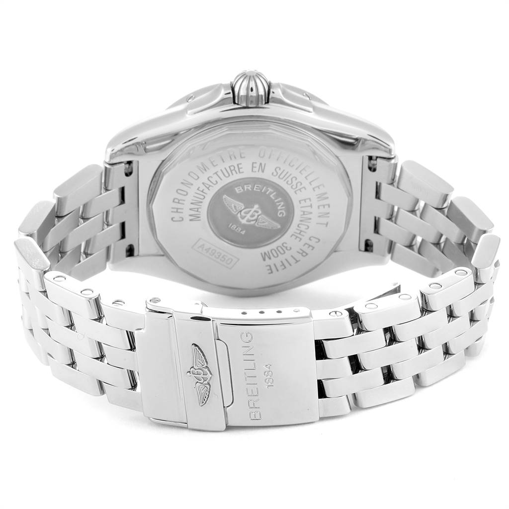 The image shows the back of the Breitling Windrider A49350 Men's Stainless Steel Grey Dial A49350 Men's Stainless Steel Grey Dial watch and its metal bracelet clasp.