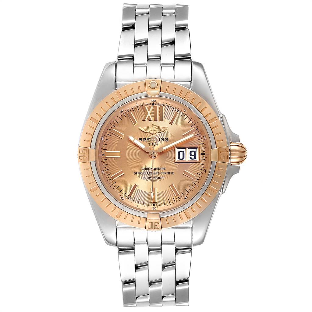 This Breitling Windrider C49350 Men's Steel and Gold (two tone) Champagne Dial C49350 Men's Steel and Gold (two tone) Champagne Dial watch is shown from a top-down angle, featuring the dial, bezel, case, and bracelet.