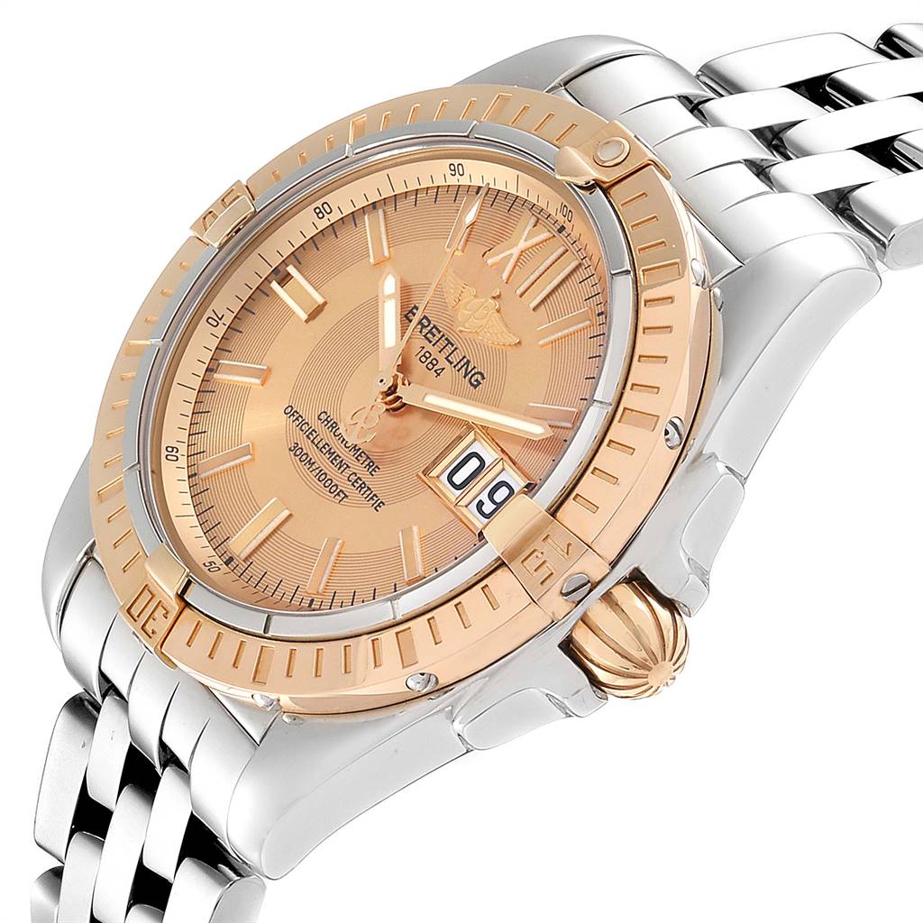 The image shows a close-up, angled view of a Breitling Windrider C49350 Men's Steel and Gold (two tone) Champagne Dial C49350 Men's Steel and Gold (two tone) Champagne Dial watch, highlighting the face, bezel, crown, and part of the bracelet.