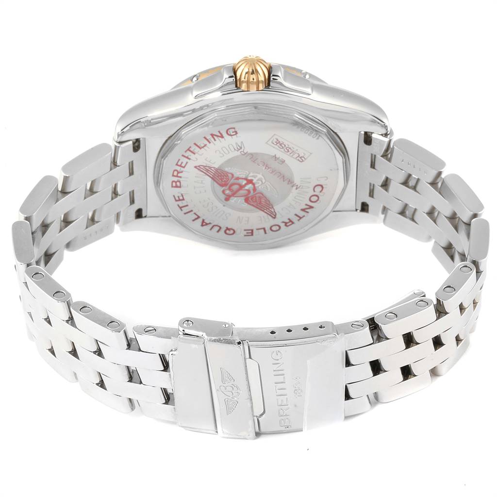 This Breitling Windrider C49350 Men's Steel and Gold (two tone) Champagne Dial C49350 Men's Steel and Gold (two tone) Champagne Dial watch is shown from the back, focusing on the case back, crown, and metal bracelet.