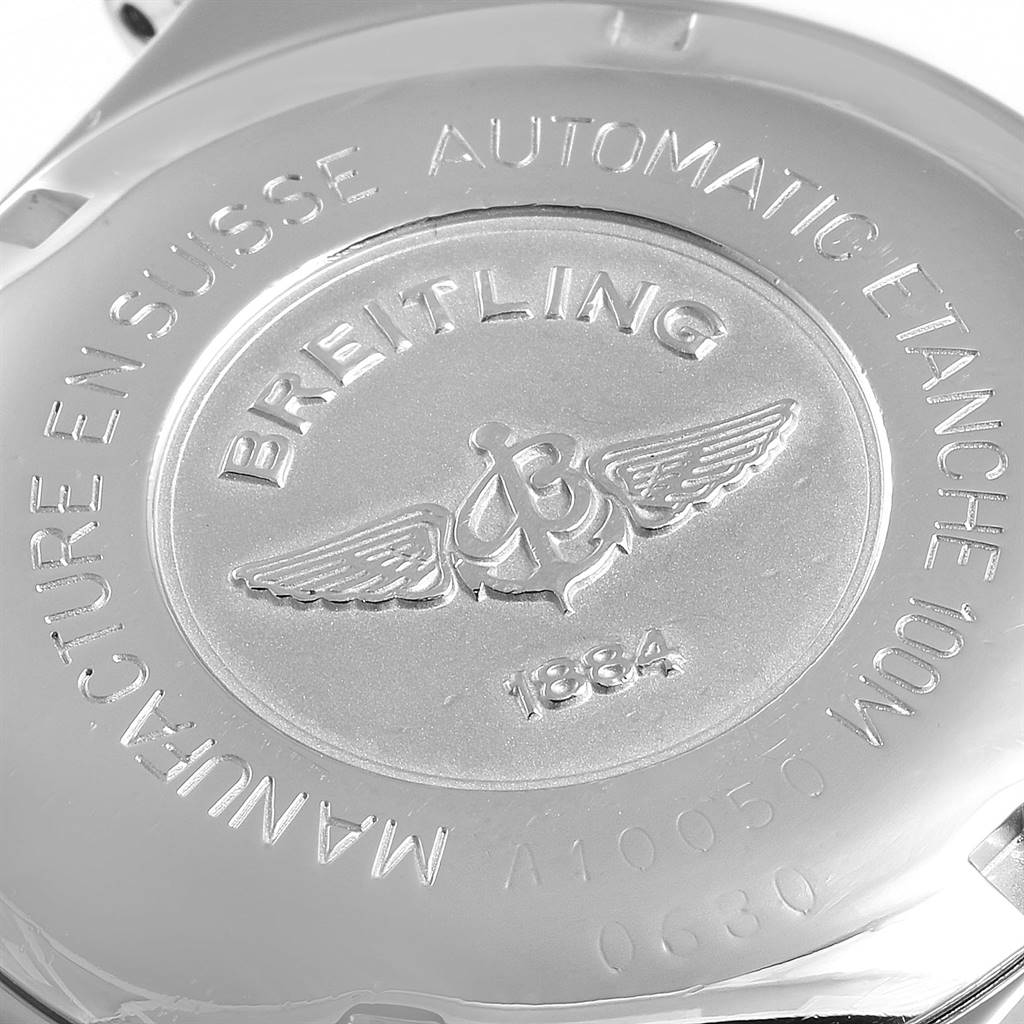 The image shows the case back of a Breitling Windrider A10050 Men
s Stainless Steel Black Dial A10050 Men
s Stainless Steel Black Dial model watch.