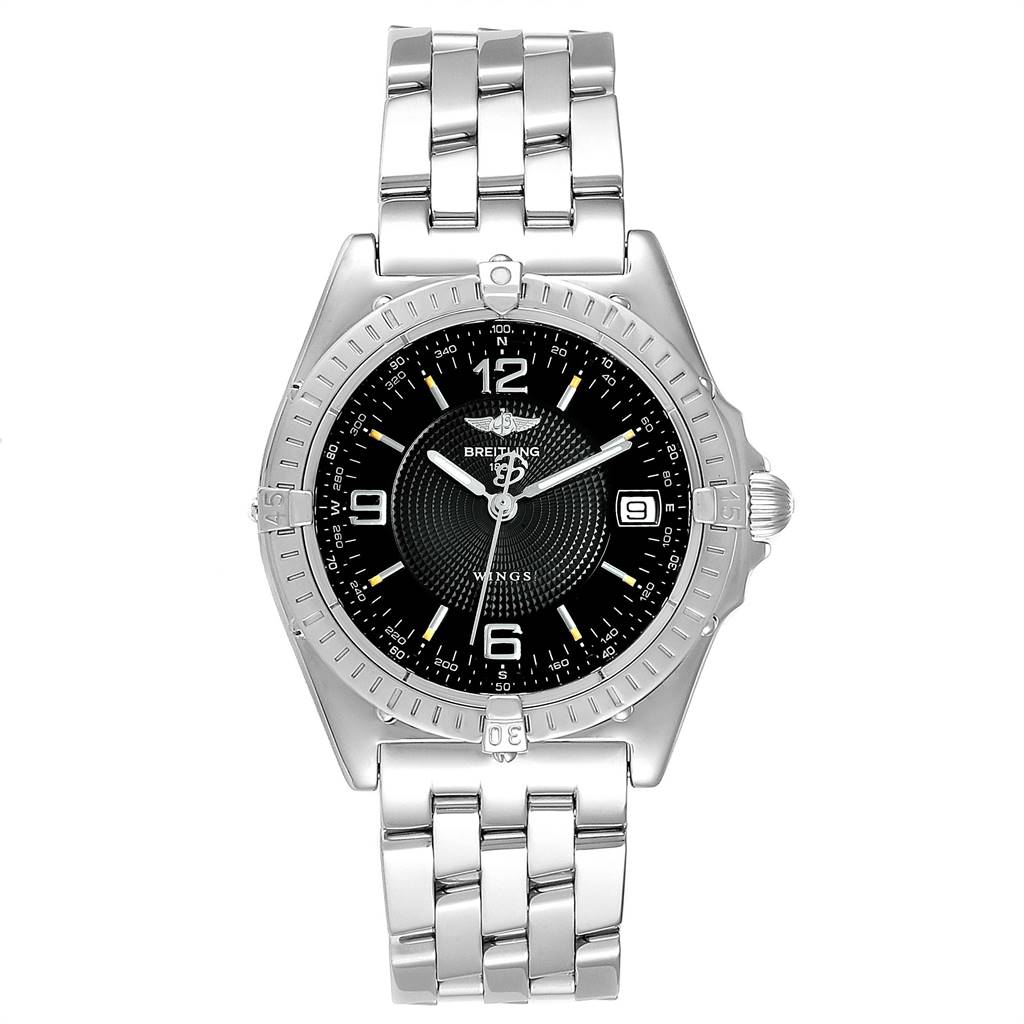 This image shows a front view of the Breitling Windrider A10050 Men
s Stainless Steel Black Dial A10050 Men
s Stainless Steel Black Dial watch, displaying its dial, bezel, and bracelet.