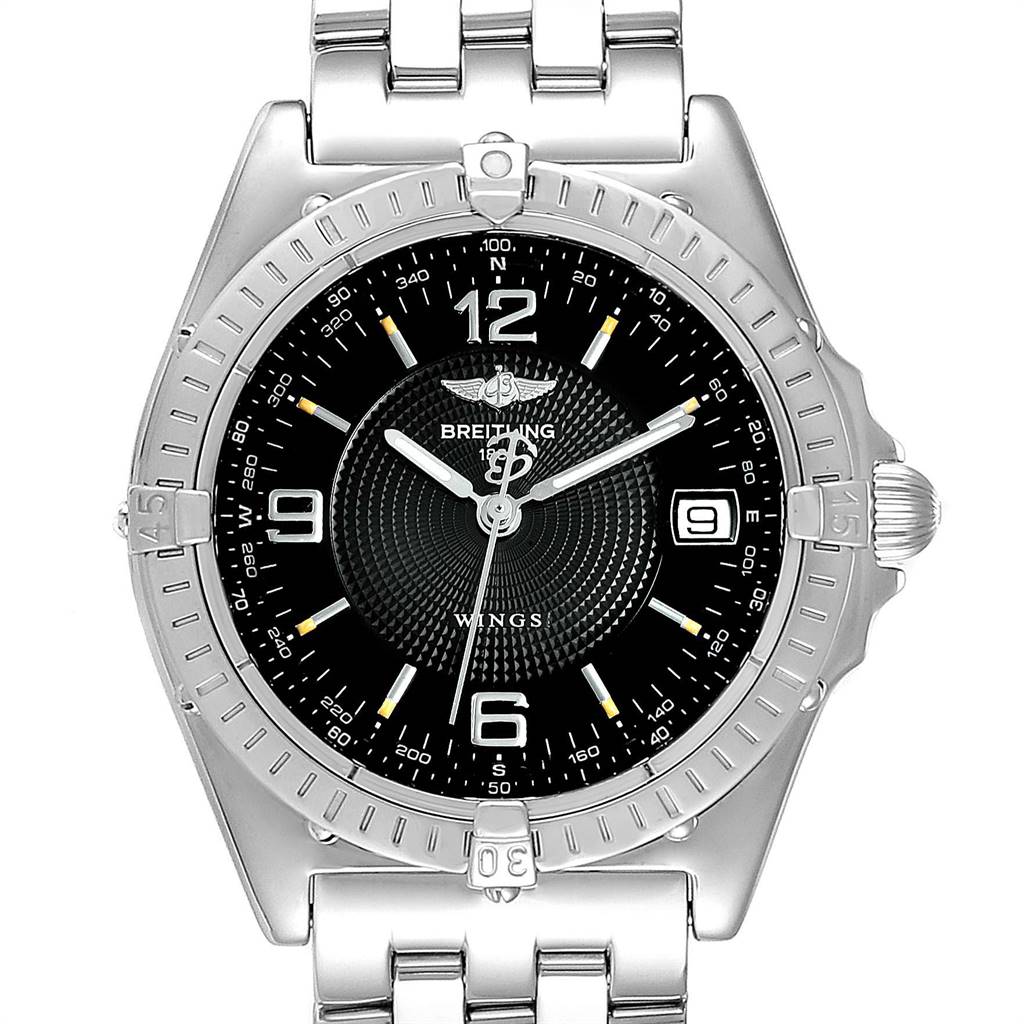 This image shows a frontal view of a Breitling Windrider A10050 Men
s Stainless Steel Black Dial A10050 Men
s Stainless Steel Black Dial watch, displaying the face, bezel, and part of the bracelet.