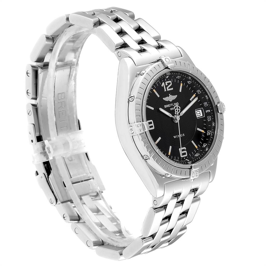The image shows a side-angle view of the Breitling Windrider A10050 Men
s Stainless Steel Black Dial A10050 Men
s Stainless Steel Black Dial watch, highlighting its bracelet, bezel, and dial.