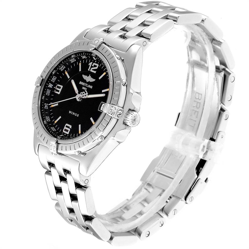 The image shows a Breitling Windrider A10050 Men
s Stainless Steel Black Dial A10050 Men
s Stainless Steel Black Dial watch angled from the front-right, highlighting the dial, bezel, and metal bracelet.