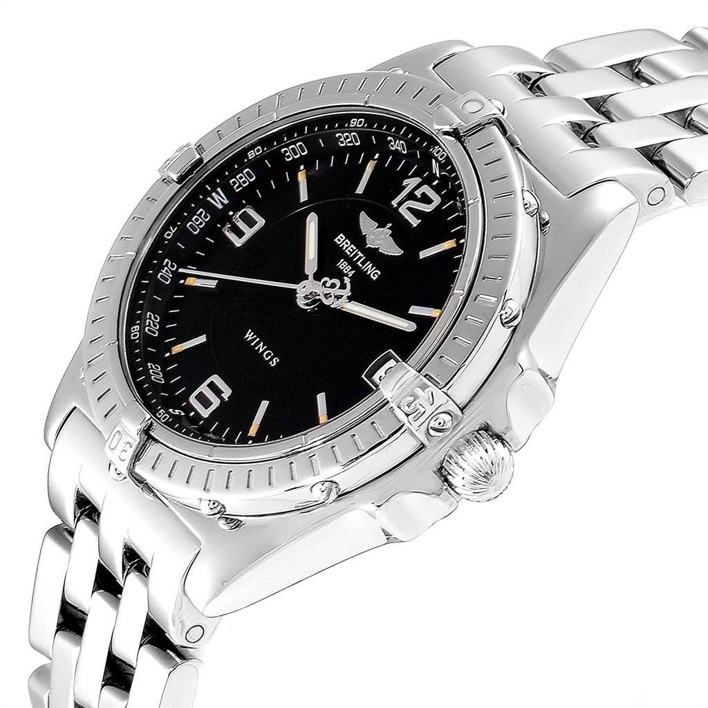 The image shows a Breitling Windrider A10050 Men
s Stainless Steel Black Dial A10050 Men
s Stainless Steel Black Dial watch at a slight side angle, highlighting its face, bezel, crown, and bracelet.