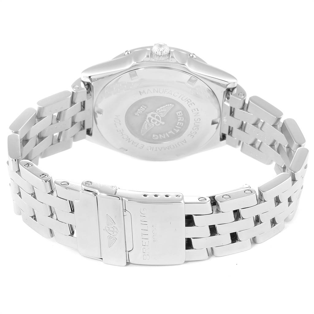 The image shows the back casing and metal bracelet of the Breitling Windrider A10050 Men
s Stainless Steel Black Dial A10050 Men
s Stainless Steel Black Dial watch at a rear angle.