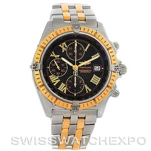 The image shows a frontal view of the Breitling Windrider D1335512 Men's Steel and Gold (two tone) Grey Dial D1335512 Men's Steel and Gold (two tone) Grey Dial watch with a two-tone bracelet and a black dial.