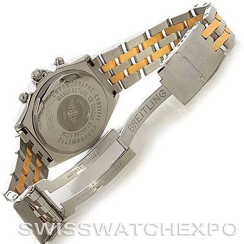 The image shows the back case and the bracelet of a Breitling Windrider D1335512 Men's Steel and Gold (two tone) Grey Dial D1335512 Men's Steel and Gold (two tone) Grey Dial watch, highlighting its clasp and deployment buckle.
