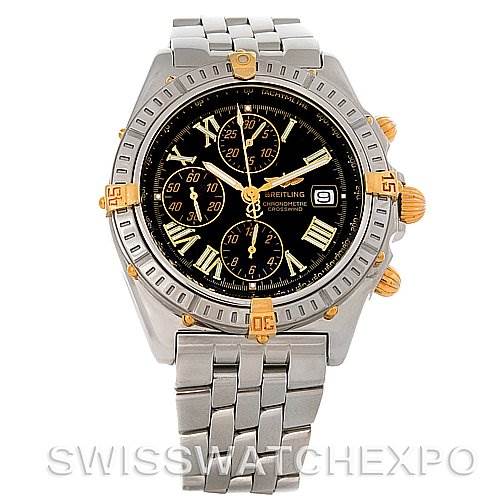 The image shows a frontal view of the Breitling Windrider B13355 Men's Steel and Gold (two tone) Black Dial B13355 Men's Steel and Gold (two tone) Black Dial watch with a black dial, gold accents, and a metal link bracelet.