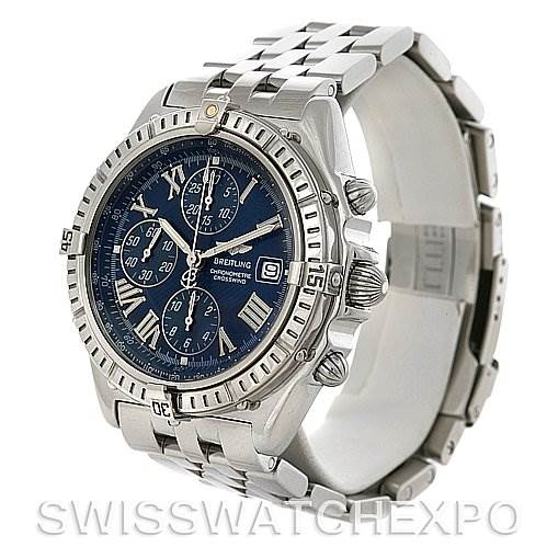 The image shows a Breitling Windrider A1335512 / C508 Men's Stainless Steel Blue Dial A1335512 / C508 Men's Stainless Steel Blue Dial watch at a three-quarter angle, highlighting the dial, bezel, crown, and stainless steel bracelet.