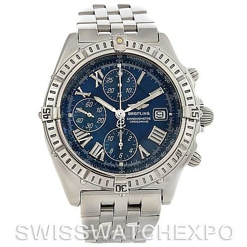 The image shows a Breitling Windrider A1335512 / C508 Men's Stainless Steel Blue Dial A1335512 / C508 Men's Stainless Steel Blue Dial watch from a front angle, highlighting its blue dial, chronograph subdials, and stainless steel bracelet.
