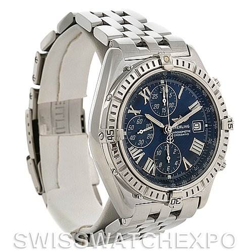 The image shows a side and front angle of a Breitling Windrider A1335512 / C508 Men's Stainless Steel Blue Dial A1335512 / C508 Men's Stainless Steel Blue Dial watch, highlighting the bracelet, bezel, and dial.