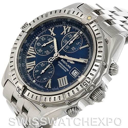 The Breitling Windrider A1335512 / C508 Men's Stainless Steel Blue Dial A1335512 / C508 Men's Stainless Steel Blue Dial watch is shown from an angled front view, displaying its face, bezel, and part of its bracelet.