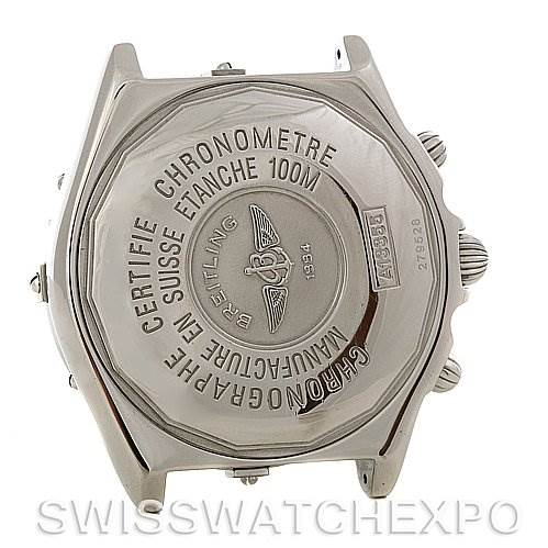 The image shows the back case of a Breitling Windrider A1335512 / C508 Men's Stainless Steel Blue Dial A1335512 / C508 Men's Stainless Steel Blue Dial watch, highlighting its certification and water resistance.