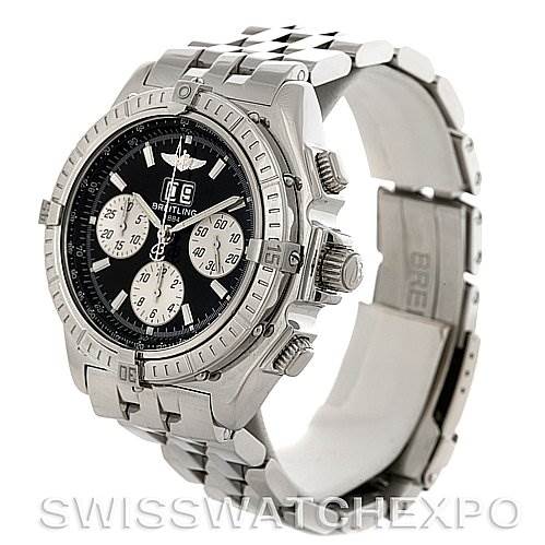 The image shows a Breitling Windrider A4435512 Men's Stainless Steel Black Dial A4435512 Men's Stainless Steel Black Dial watch at a three-quarter angle, displaying its face, bezel, chronograph dials, crown, and metal bracelet.