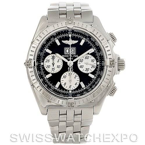 The image shows a front view of the Breitling Windrider A4435512 Men's Stainless Steel Black Dial A4435512 Men's Stainless Steel Black Dial watch, highlighting the face, bezel, and bracelet.