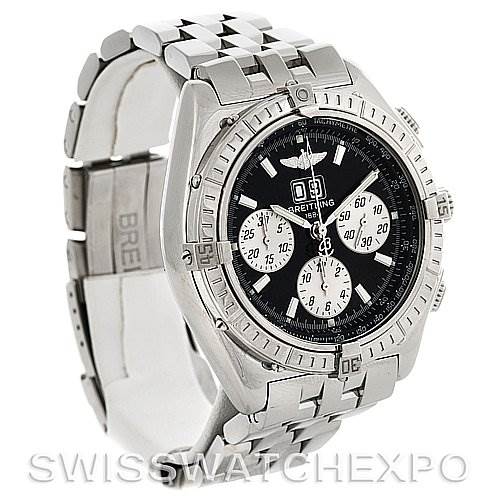 The image shows a Breitling Windrider A4435512 Men's Stainless Steel Black Dial A4435512 Men's Stainless Steel Black Dial watch at an angled view, highlighting the face, bezel, chronograph dials, and metal bracelet.