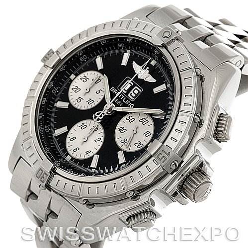 The Breitling Windrider A4435512 Men's Stainless Steel Black Dial A4435512 Men's Stainless Steel Black Dial model watch is shown at a 3/4 angle, displaying the bezel, dial, sub-dials, crown, and part of the bracelet.