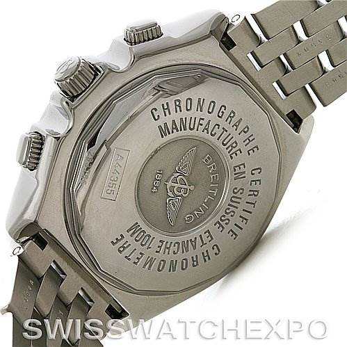 The image shows the case back and part of the bracelet of a Breitling Windrider A4435512 Men's Stainless Steel Black Dial A4435512 Men's Stainless Steel Black Dial watch, highlighting engraved details.