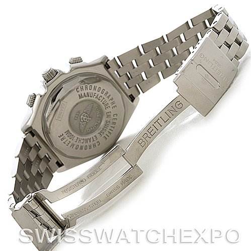 The image shows the back view and bracelet of a Breitling Windrider A4435512 Men's Stainless Steel Black Dial A4435512 Men's Stainless Steel Black Dial watch, highlighting the clasp and case back.