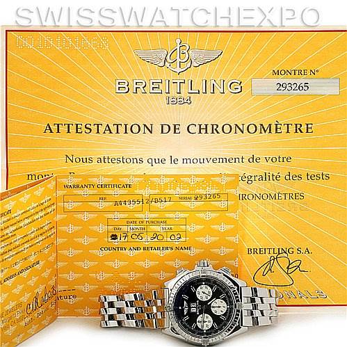 The image shows a Breitling Windrider A4435512 Men's Stainless Steel Black Dial A4435512 Men's Stainless Steel Black Dial watch along with its warranty certificate and chronometer certification.