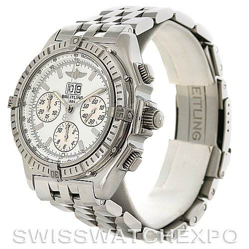 The image shows a Breitling Windrider A44355 Men's Stainless Steel White Dial A44355 Men's Stainless Steel White Dial watch at a 3/4 angle view, displaying its face, bezel, pushers, and metal bracelet.