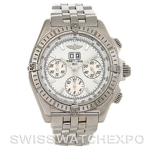 This is a front view of a Breitling Windrider A44355 Men's Stainless Steel White Dial A44355 Men's Stainless Steel White Dial watch, showing the face, bezel, crown, pushers, and metal bracelet.