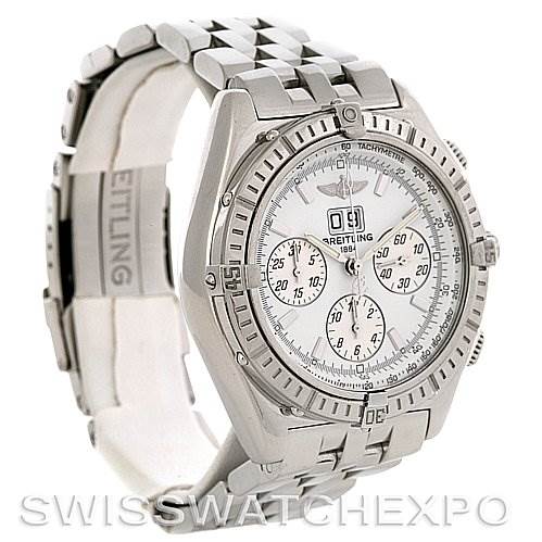 The image shows a side view of the Breitling Windrider A44355 Men's Stainless Steel White Dial A44355 Men's Stainless Steel White Dial watch, highlighting the dial, bezel, case, and bracelet.