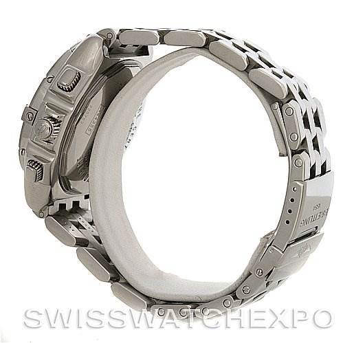 The image shows a side view of a Breitling Windrider A44355 Men's Stainless Steel White Dial A44355 Men's Stainless Steel White Dial watch, highlighting its metallic band, clasp, and pushers.