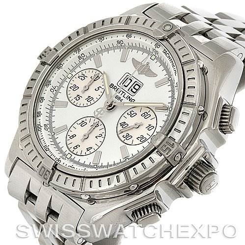 The image shows a Breitling Windrider A44355 Men's Stainless Steel White Dial A44355 Men's Stainless Steel White Dial watch from a diagonal angle, highlighting the dial, bezel, chronograph buttons, and part of the bracelet.