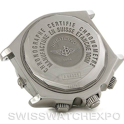 This image shows the back and side parts of a Breitling Windrider A44355 Men's Stainless Steel White Dial A44355 Men's Stainless Steel White Dial watch, highlighting the case back, crown, and pushers.