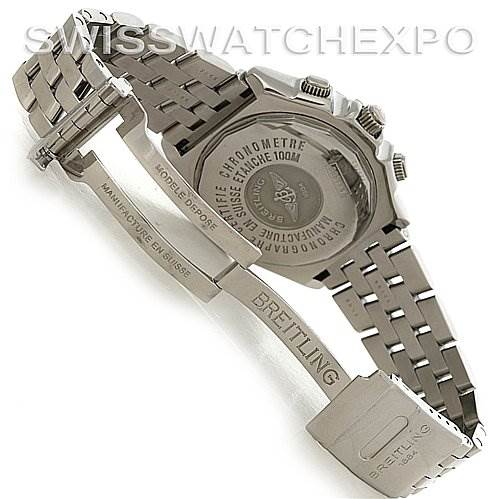 The image shows the backside and clasp of the Breitling Windrider A44355 Men's Stainless Steel White Dial A44355 Men's Stainless Steel White Dial watch, highlighting its metal bracelet and engraved details.