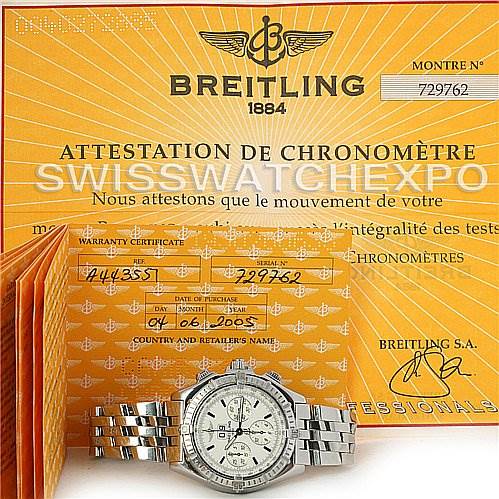 The image shows a Breitling Windrider A44355 Men's Stainless Steel White Dial A44355 Men's Stainless Steel White Dial watch front-on, along with its warranty certificate and chronometer attestation.