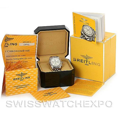 The image shows a Breitling Windrider A44355 Men's Stainless Steel White Dial A44355 Men's Stainless Steel White Dial watch with its box, instructions, warranty cards, and other documentation from different angles.