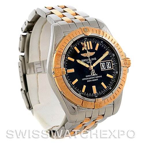 The image shows a Breitling Windrider C49350 Men's Steel and Gold (two tone) Black Dial C49350 Men's Steel and Gold (two tone) Black Dial watch at a three-quarter angle, highlighting its two-tone bracelet and case, bezel, and face.