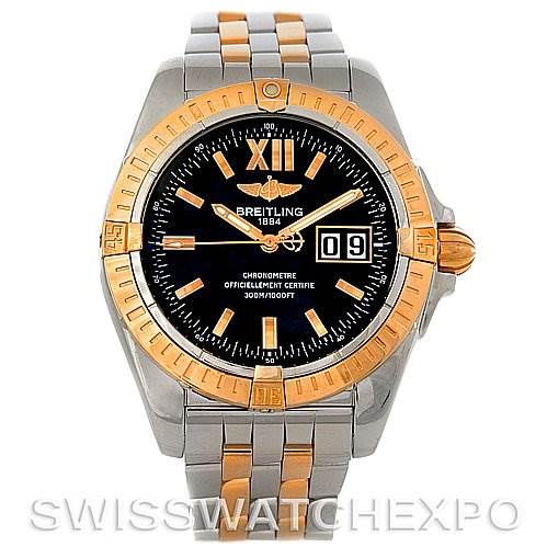 This image shows a front view of the Breitling Windrider C49350 Men's Steel and Gold (two tone) Black Dial C49350 Men's Steel and Gold (two tone) Black Dial model watch, highlighting its two-tone bracelet and black dial with gold accents.