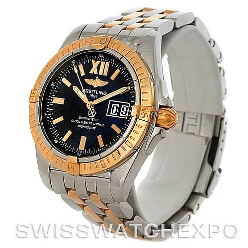 The image shows a Breitling Windrider C49350 Men's Steel and Gold (two tone) Black Dial C49350 Men's Steel and Gold (two tone) Black Dial watch from a front angled view, highlighting its dial, bezel, and bracelet.