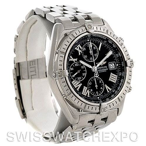 The image shows a side-front view of the Breitling Windrider A13055 Men's Stainless Steel Black Dial A13055 Men's Stainless Steel Black Dial watch, displaying the bezel, dial, chronograph subdials, and part of the bracelet.