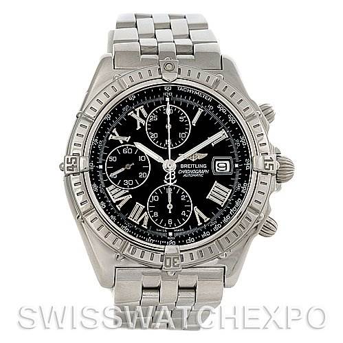 The image shows a front view of a Breitling Windrider A13055 Men's Stainless Steel Black Dial A13055 Men's Stainless Steel Black Dial watch, displaying its face, bezel, and metal bracelet.