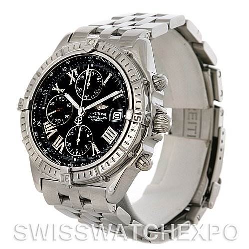 The image shows a Breitling Windrider A13055 Men's Stainless Steel Black Dial A13055 Men's Stainless Steel Black Dial model watch at a three-quarter angle highlighting the case, bezel, bracelet, and crown.