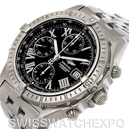 The image shows the Breitling Windrider A13055 Men's Stainless Steel Black Dial A13055 Men's Stainless Steel Black Dial watch at an angle, depicting its stainless steel case, black dial, chronograph subdials, and date window.