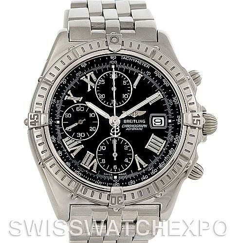 The image shows a frontal view of the Breitling Windrider A13055 Men's Stainless Steel Black Dial A13055 Men's Stainless Steel Black Dial watch, highlighting its dial, bezel, and bracelet.