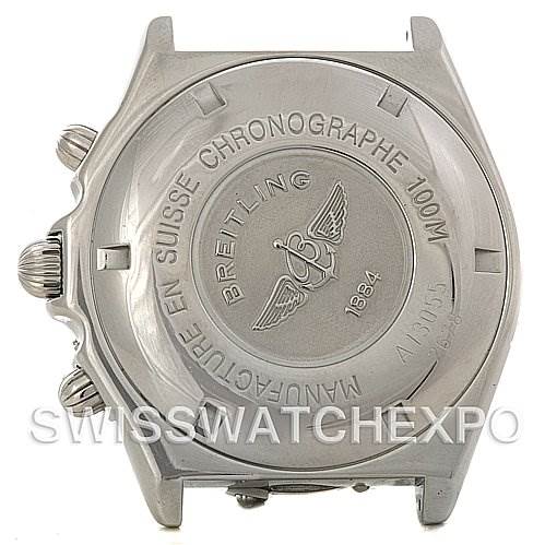 The image shows the back case of the Breitling Windrider A13055 Men's Stainless Steel Black Dial A13055 Men's Stainless Steel Black Dial model, displaying the chronograph details and brand inscription.